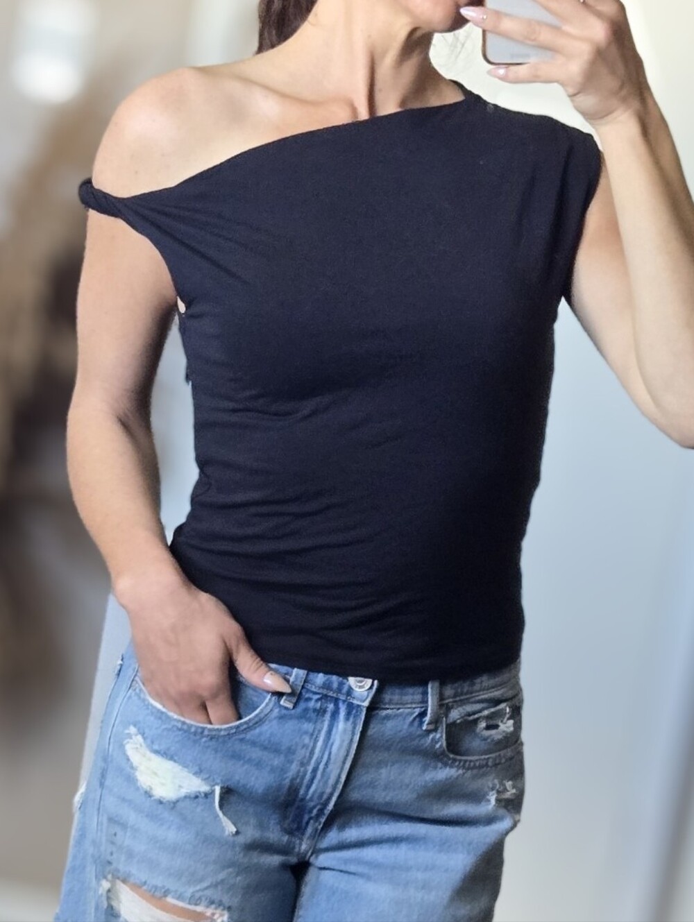 Abercrombie & Fitch Black One Shoulder Modal Blend Top Size Medium Feminine